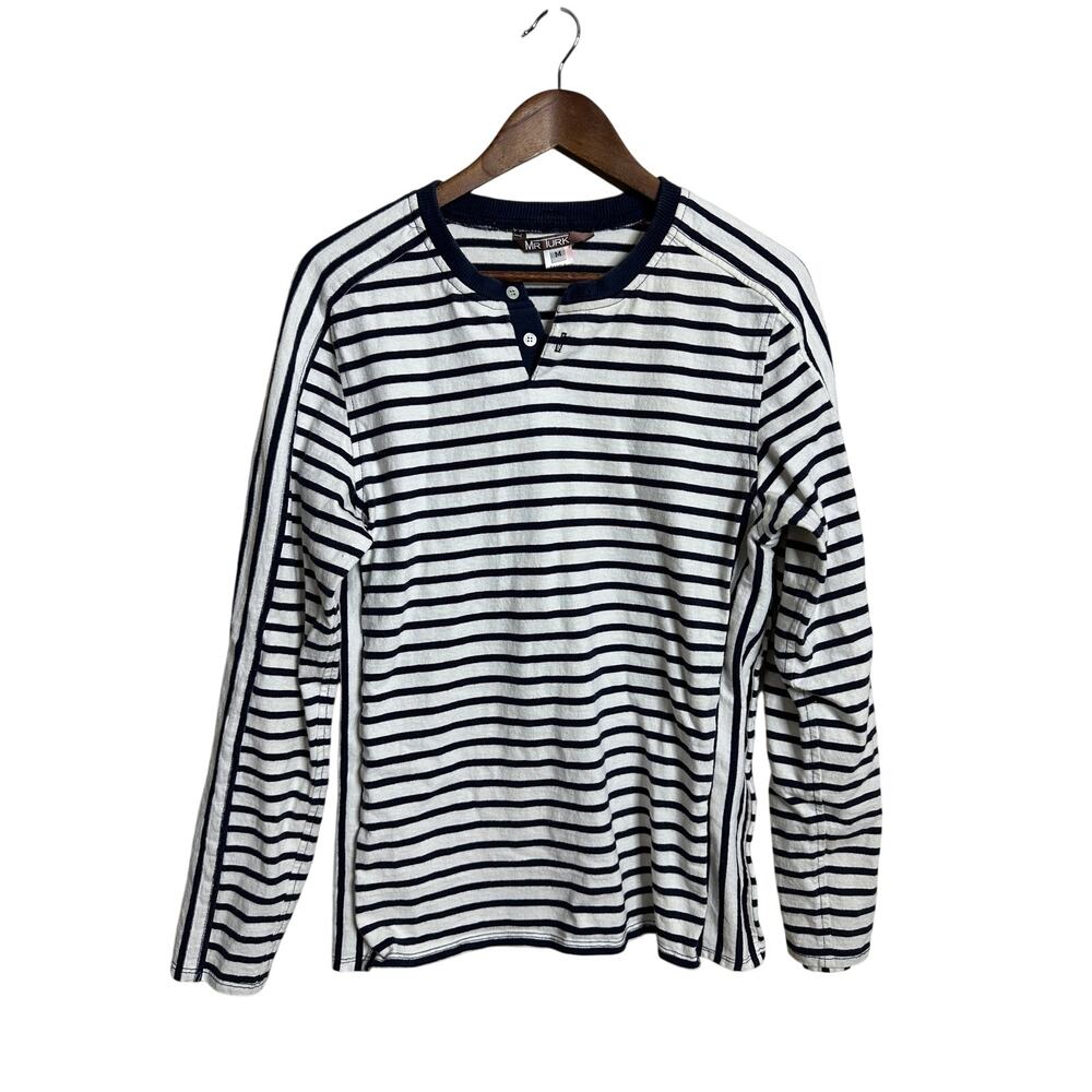Mr Turk Bryant Henley Shirt Navy Striped Long Sleeve Knit size M SAMPLE